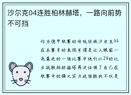 沙尔克04连胜柏林赫塔，一路向前势不可挡
